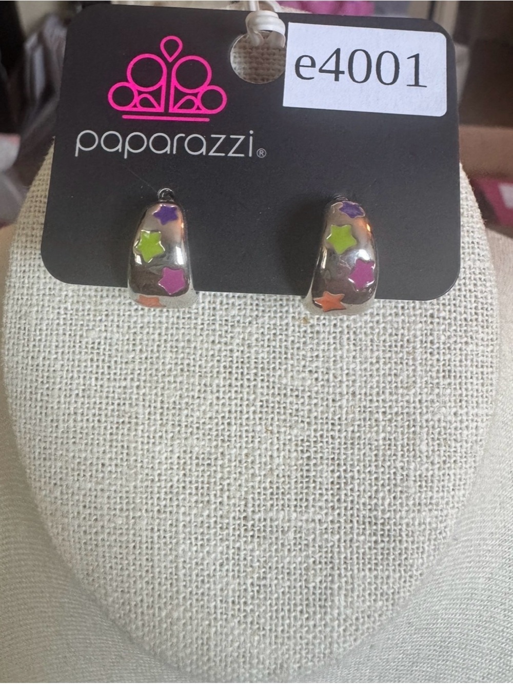 paparazzi Silver Hoop Earrings with Pink, Green, Purple & Orange Stars